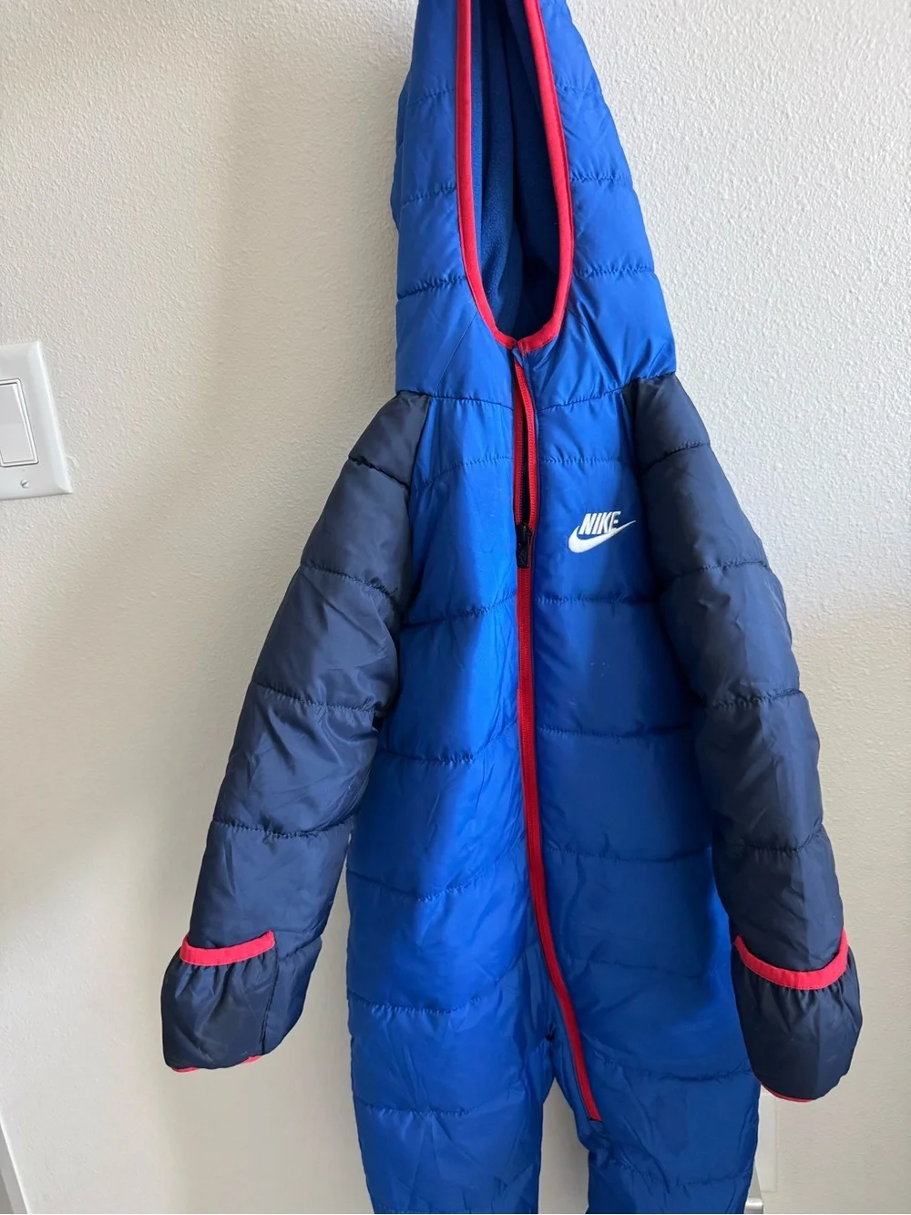 Nike Kids Royal Blue Hooded Snow Suit with Navy Sleeves and Red Trim